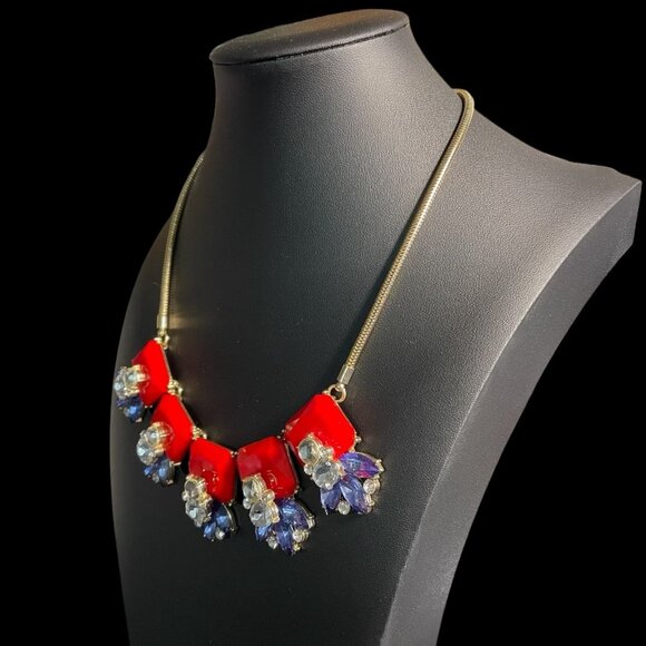 Gold Red Blue Statement Necklace Crystal Flower Bib Adjustable Glam Party Chic - Picture 4 of 6
